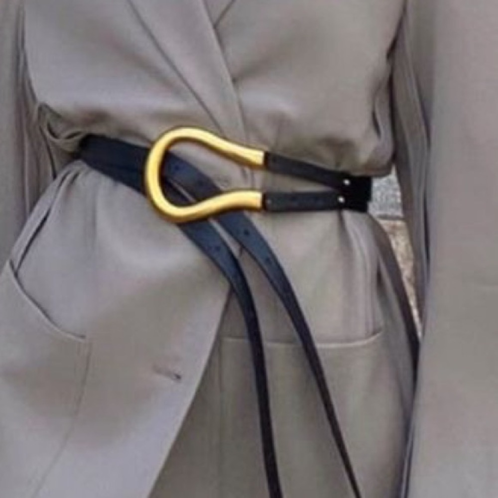 Black Leather Wrap Belt with Gold Sculpted Buckle